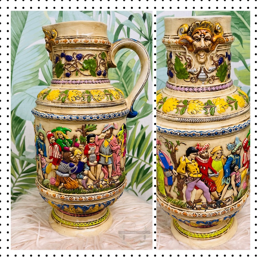 Vintage German Style Relief Art Pottery Pitcher Jug